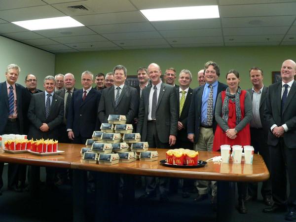 The joint NZ Forest Owners Association and Federated Farmers Boards before lunch (note the 24 lamb burger combos) &#8212; at Federated Farmers, Level 6, 154 Featherston Street, Wellington.