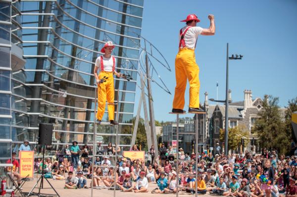 Circus Firemen Angus and Matilda ladder walking and clowing around the Christcurch Art Gallery Forecourt