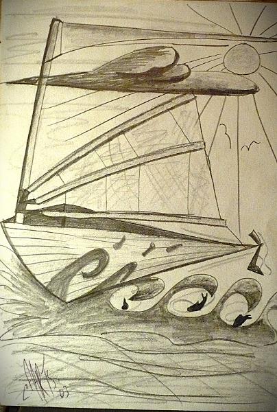 'Boat' pencil on paper by Leon Aarts