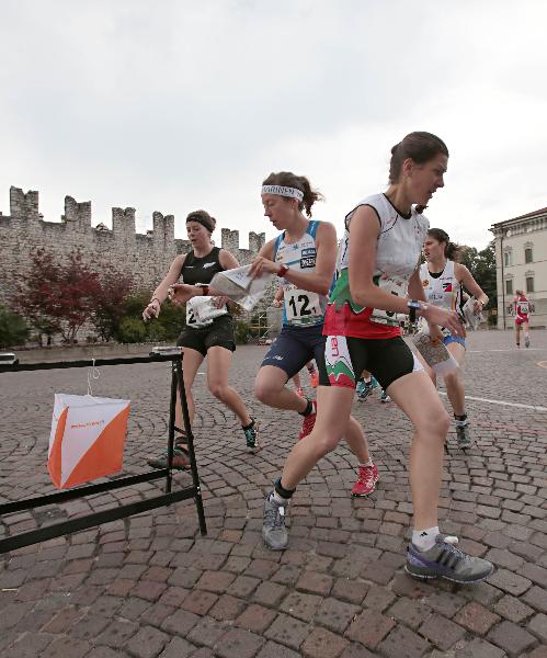 New Zealand's Greta Knarston (left) in action at the World Orienteering Champs Sprint Relay in Trento, Italy