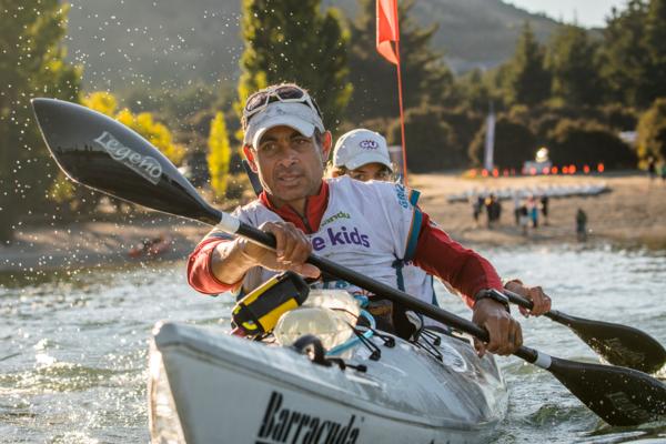 Nathan Fa'avae and Sophie Hart paddling out of Dublin Bay, Lake Wanaka GODZone 2015