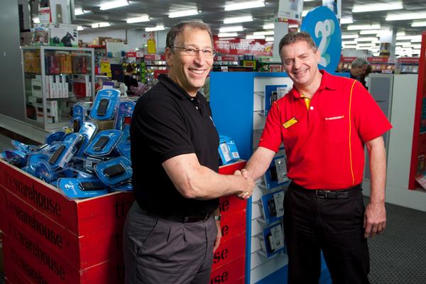 2degrees CEO Eric Hertz is welcomed in-store by The Warehouse CEO Mark Powell