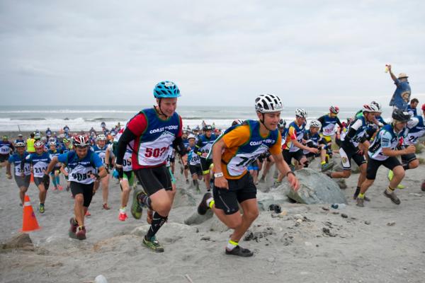 Competitors in the Kathmandu Coast to Coast two day event get underway on Kumara Beach 