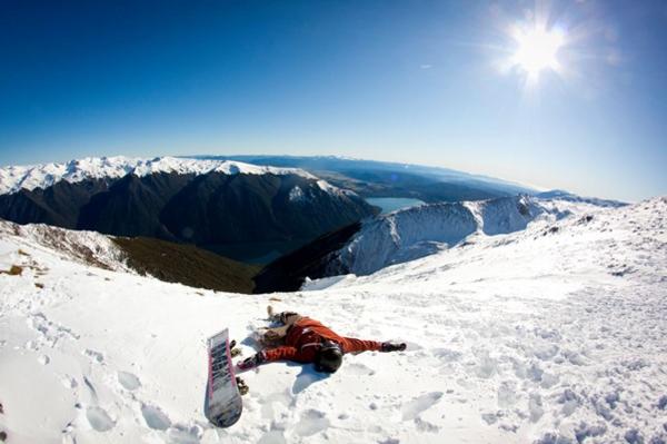 Snowboarder Relaxing With a View at Rainbow Ski Field 