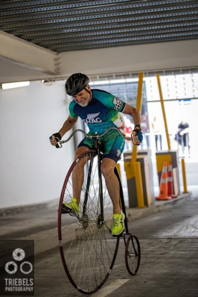 60 year old Peter McLeod rides his penny farthing up the first ramp in Saturdays Urology Associates Movember Car Park Cannon Ball 