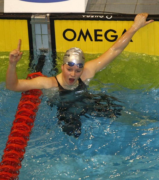 Natalie Wiegersma celebrating after qualifying for the Commonwealth Games on the opening night of the State Insurance New Zealand Swimming Championships at Waitakere City tonight