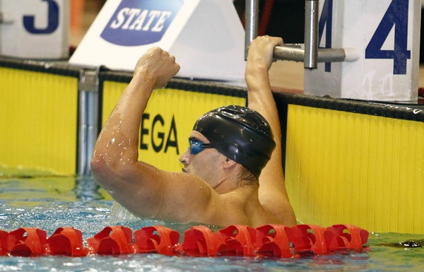 Moss Burmester celebrating after qualifying for the Commonwealth Games on the opening night of the State Insurance New Zealand Swimming Championships at Waitakere City tonight