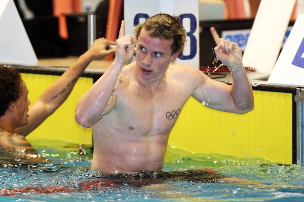 Daniel Bell celebrates his win in the 100m backstroke at the State Insurance New Zealand Championships last night
