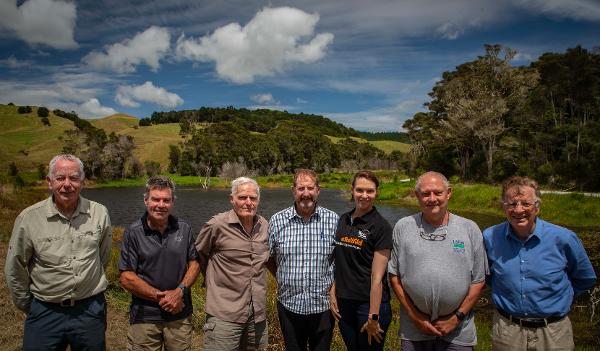 Robert Sowman (GBHT), Andy Garrick (GBHT), David Underwood (landowner who the reserve named under), Andy Tannock (GBHT), F&G CEO Corina Jordan, Rudi Hoetjes (former Northland F&G manager), Mike Lee (former Auckland Regional Councillor.)