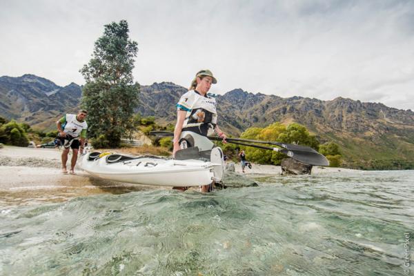 Sophie Hart & Nathan Fa'avae from Team Seagate preparing to paddle during the 2015 GODZone 