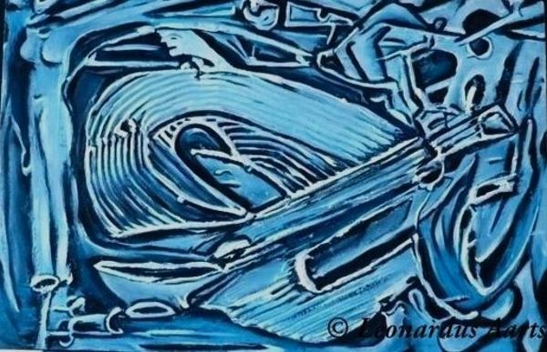 'Man Playing Mandolin' acrylics and mixed media on board, by Leon Aarts