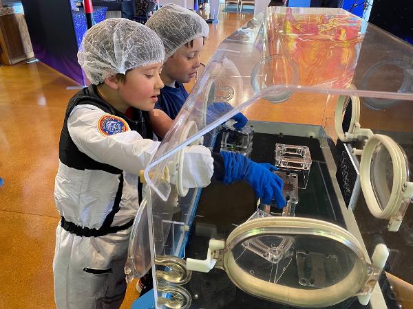 School students taking part in T&#363;hura Tuarangi, Aotearoa in Space interactive experiences.