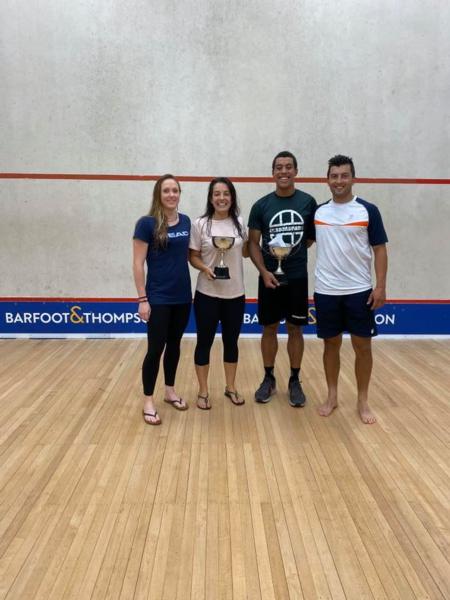 Winners of the Doug Flint Memorial Open at Eden Epsom Tennis and Squash Club. Pictured Lana Harrison runner-up, Emma Millar winner, Temwa Chileshe winner, Zac Millar runner-up