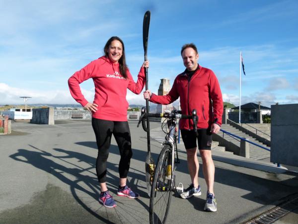 Williams and Livingstone, pictured at the New Brighton finish line, are excited about doing the Kathmandu Coast to Coast together in February.    