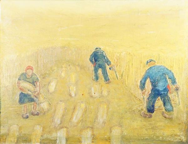 Nardus van de Ven (1984 - 1957), oil on canvas, Wheatfield with figures binding sheaves. Dimensions 56x71 cm. (With frame 65 x 80 cm.). Work by the Eindhoven sculptor and painter is in the collection of Museum van Bommel van Dam.This work was exhibited in