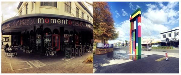 Pictured right: the view of the Tongue of the Dog Sculpture featuring the Waikato Museum sign and Momento City Caf&#233; across the road. Pictured left: an outside view of Momento City Caf&#233; from the corner of Victoria Street and Hood Street.