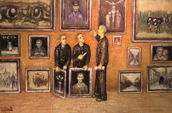 'The Jury', by Nardus van de Ven (all the paintings on the wall are painted by Nardus van de Ven replicated in the painting) 
