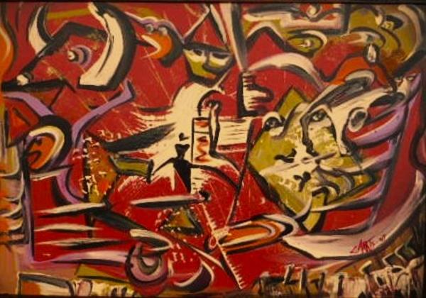 ''Bull-rush 2'', acrylics on board, by Leon Aarts