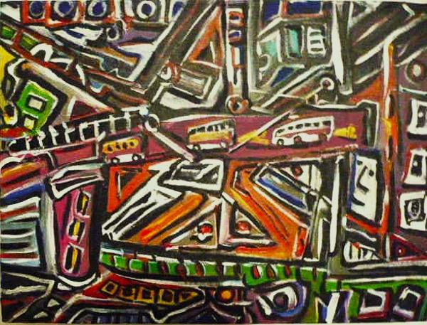'Bus Lanes' Acrylics on canvas, by Leon Aarts (sold)