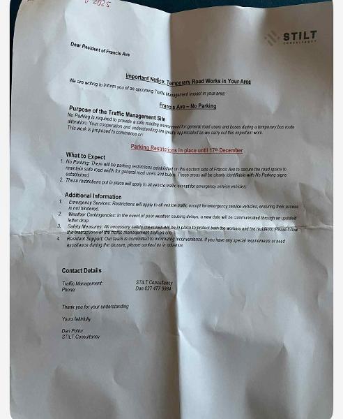 Letter sent to Francis St residents 10 days after no parking road cones put out