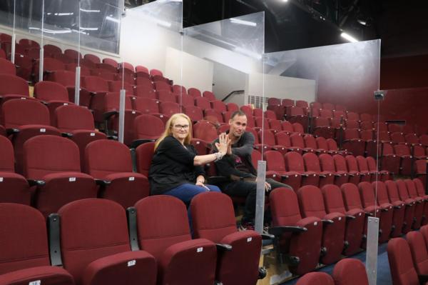 Court Theatre plans to operate under Alert Level 2 include investment in safety protection screens to prevent the spread of the COVID-19 virus; Pictured Bryce Goddard (Construction and Premises Manger), Barbara George (Chief Executive). 