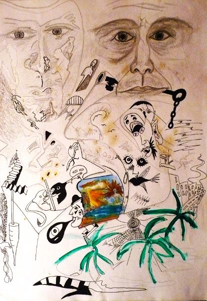 'Doodle' 1979 by Leon Aarts . Pencil and paint on paper. (early infuences by art teachers and an enquiring mind)