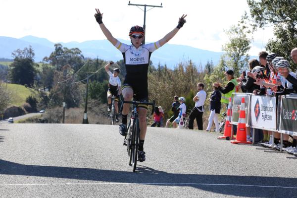 Brad Evans and team mate Max Jones celebrate Evans win in today's fifth elite round of the Calder Stewart Cycling Series, the Kiwi Style Bike Trails Nelson Classic.   