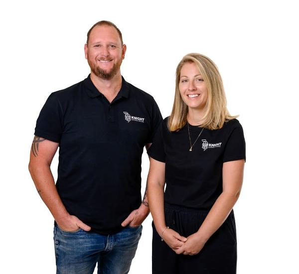 Knight Garage Doors co-founders Gawain and Michelle Giles, finalists in the 2025 Auckland Business Awards for Excellence in Customer Experience and People's Choice.