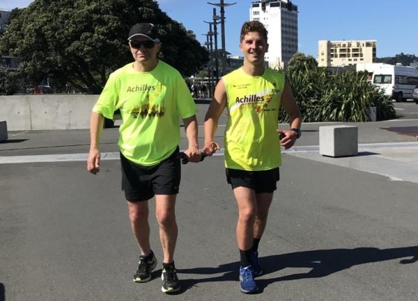 Blind athlete Dave Piper (left) gets some training in along the Wellington water front with Josh Thomas who will act as his guide as the pair compete next month's Kathmandu Coast to Coast.  
