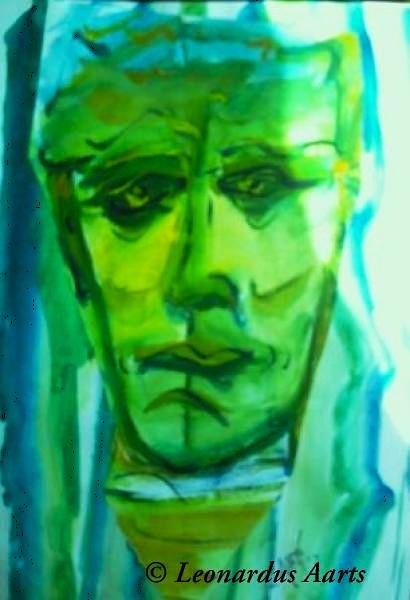 'Mr Green' Self portrait, 'the morning after the night before', acrylics on paper by Leon Aarts