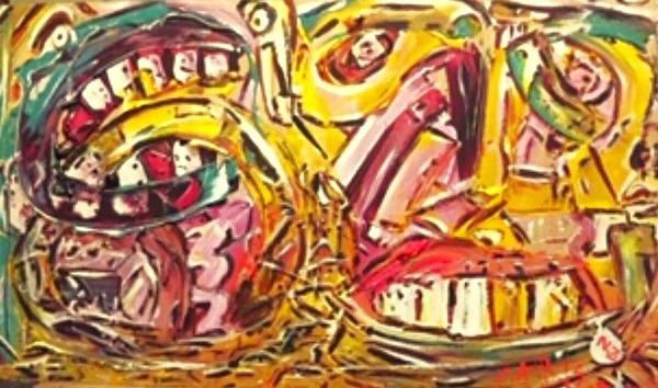 '&#199;ovid Restrictions', by Leon Aarts. Acrylics on board. For sale