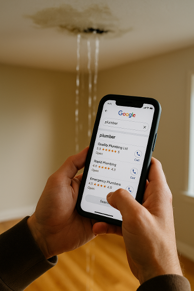 Someone searching for a plumber on their phone using Google