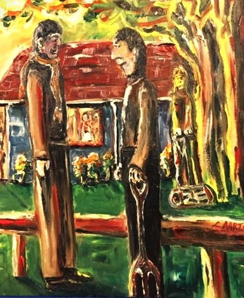 'Don't speak to your Neighbours!'....wtf happened to Neighborhood support during COVID lock-down? Thanks Cindy for deterring us from talking to our neighbours. Painted in oils on canvas during the Plandemic.Never forget.