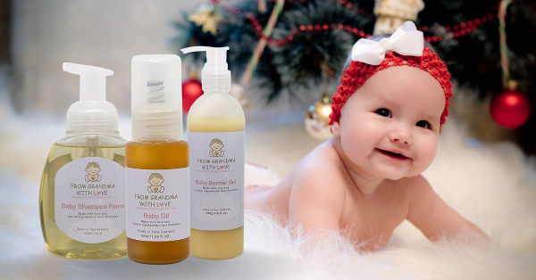 Give the perfect gift this Christmas with From Grandma With Love's, New Zealand made baby's skin and bath products.