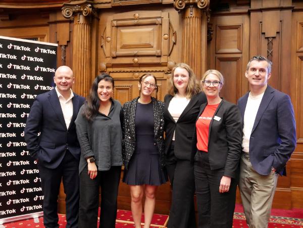 From left to right, Brent Carey (Netsafe), Lucy Thomas (Project Rockit), Jazz Thornton (co-founder of Voices of Hope), Lola, 16 (Create Happy Media), Save the Children Advocacy and Research Director Jacqui Southey, TikTok's Jed Horner.
