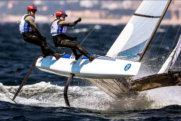 Micah Wikinson and Erica Dawson notched two second placings in racing today in the Nacra 17.