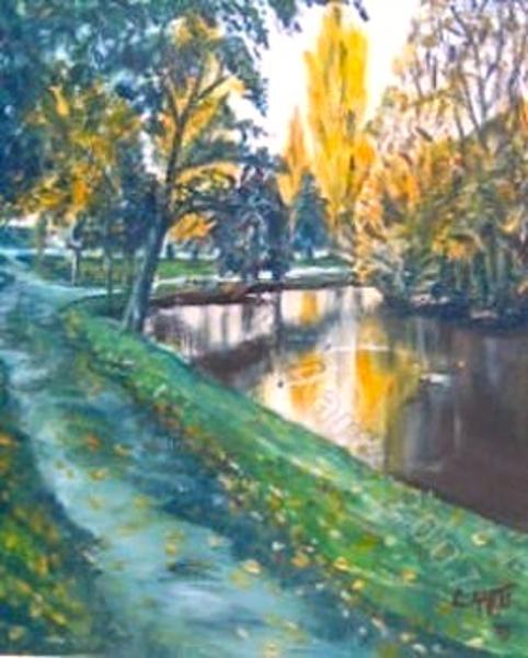 'Horseshoe Lake Road - (when I lived in Burwood, pre earthquakes) favourite spot to walk the dogs, acrylics on canvas (sold) by Leon Aarts (2007)