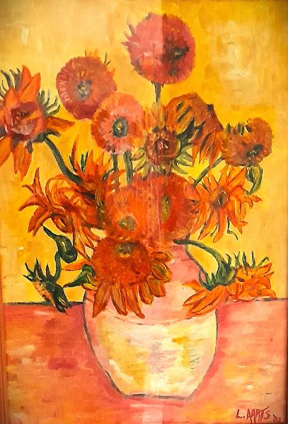 'Vase of Sunflowers' acrylics on canvas, by Leon Aarts, 2002