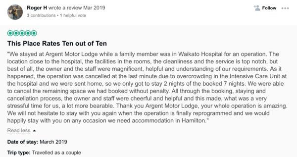 The team of staff at top-rated Hamilton accommodation provider Argent Motor Lodge are humbled by the motel's excellent reviews. 