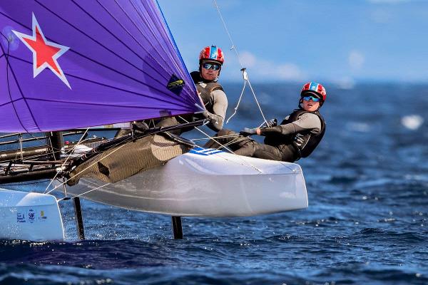 Micah Wilkinson and Erica Dawson were fifth in the Nacra 17. Photo: Sailing Energy.
