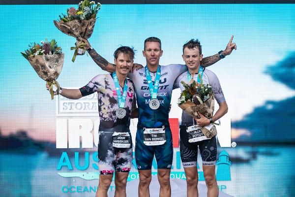 Jack Moody (right) finished third behind Josh Amberger (left) and Tim Van Berkel at National Storage IRONMAN Australia