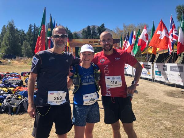First across the line today in the Anchor Milk Otago Alps 2 Ocean Ultra (Left to right) Keith Burrows (supported), Katy Anderson (supported and Tim Franklin (unsupported). 