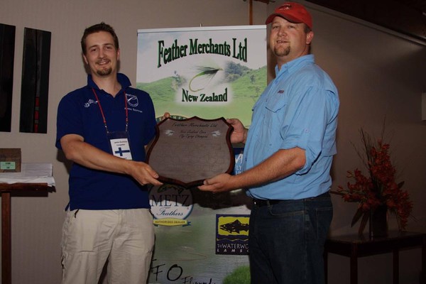 Winner of the inaugural NZ National Open Fly Tying Champs, Jarkko Suominen of Finland (left), with Nate Jarvis, General Manager of Feather Merchants.