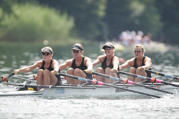 The New Zealand women's quad on their way to an A final start on Sunday's finals at the Lucerne World Cup Regatta &#8211; from left Louise Trappitt, Paula twining, Emma Feathery and Fi Paterson