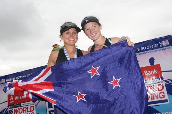 Lucy Strack (left) and Julia Edward celebrating their great silver medal in the women's lightweight double scull at the Under 23 World Rowing Championships in Brest, Belarusia  