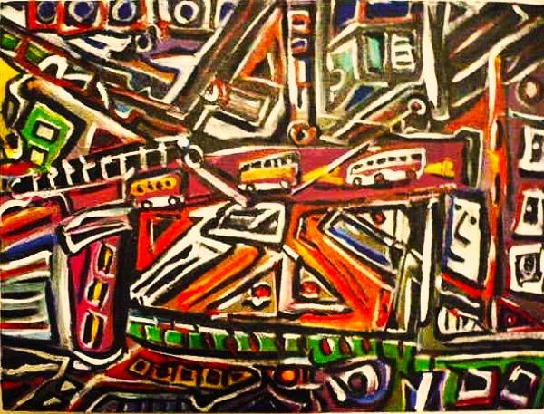 'Bus Lanes' acrylics on canvas by Leon Aarts