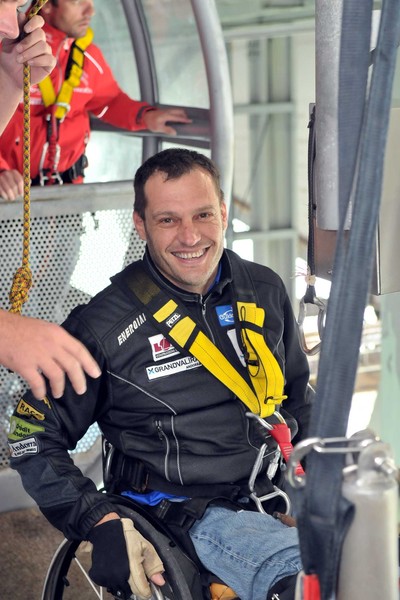 Super 2000 WRC competitor wheelchair-bound Albert Llovera readies for his bungy jump from the Auckland Harbour Bridge, one of the pre-event activities building up to Rally New Zealand which starts on 6 May.