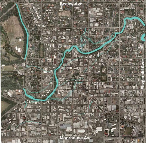 Aerial shot of the city taken a few days after February 22 showing the 1850's waterways through the city