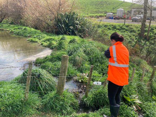 Effluent pond overflow being sampled.