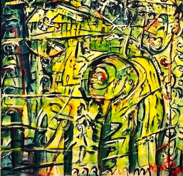 ''Elephant in the Room'', by Leon Aarts (No preconceptions) The title invites us to look for the elephant, and the big central mass does carry that weight, yet it remains ambiguous. That tension is one of the painting's strengths. 